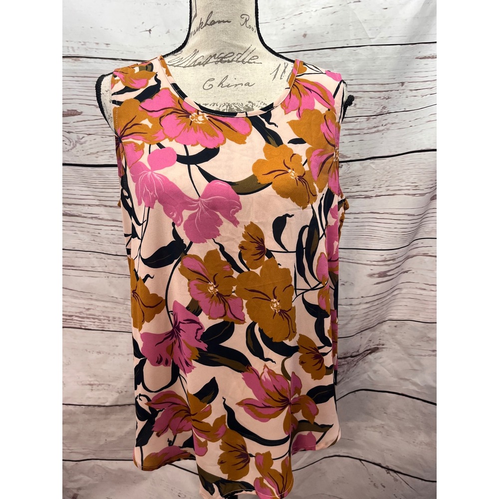 Maurices Womens Floral Sleeveless Blouse Pink Mustard Brown Back Zip Top Large